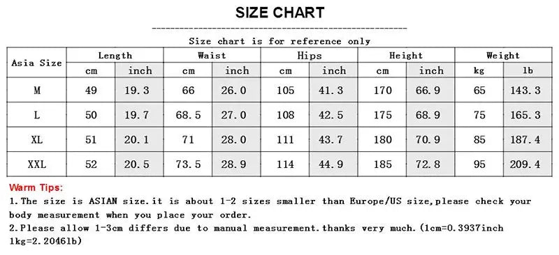 Summer men's casual gym shorts by Simples Market; size chart shows Asia M-XXL.
