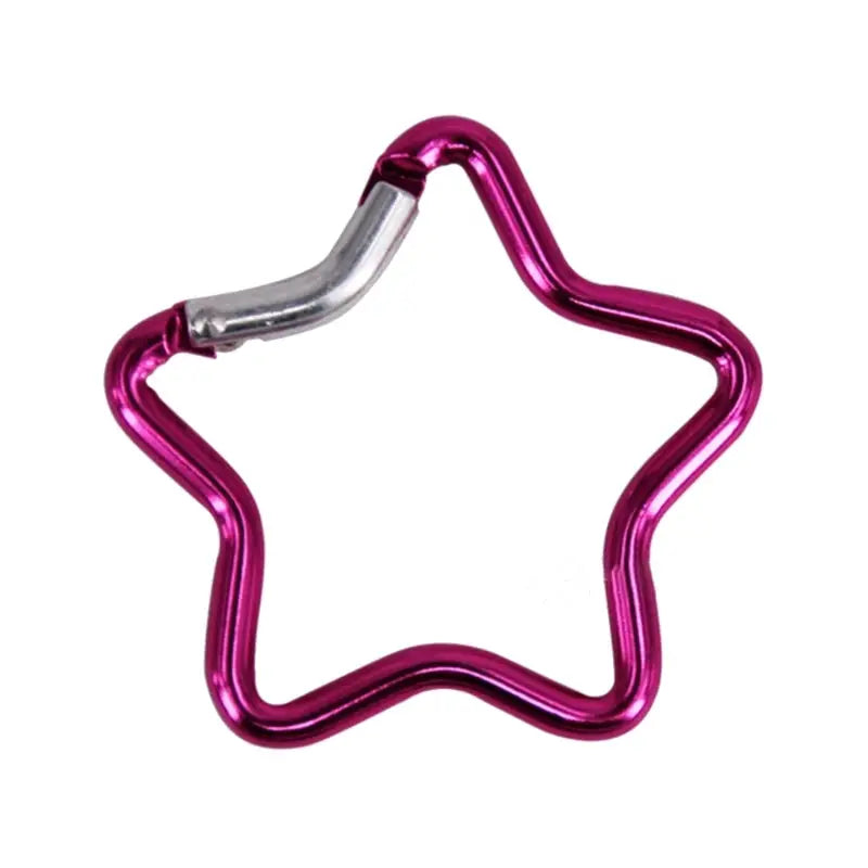 Star-shaped aluminum alloy carabiner clip, pink anodized finish with silver locking mechanism
