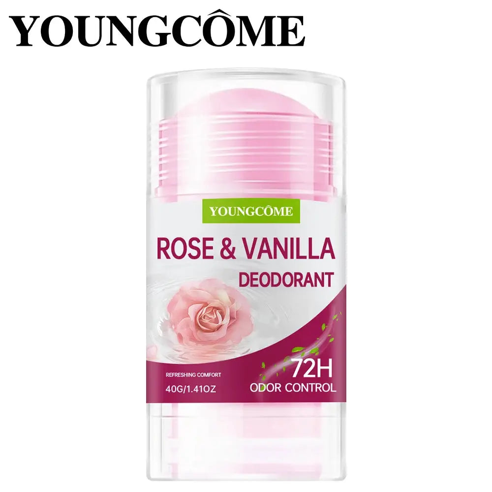 Youngcome Rose & Vanilla deodorant stick with pink cap, 72H odor control.