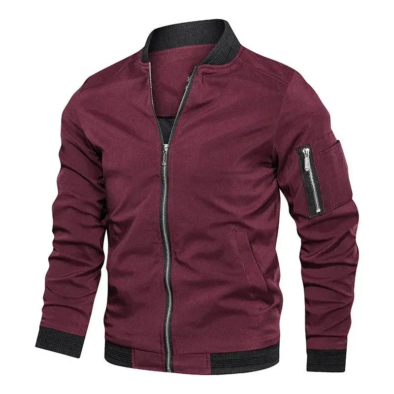 Men's burgundy windbreaker jacket with zip front, side pockets and ribbed cuffs