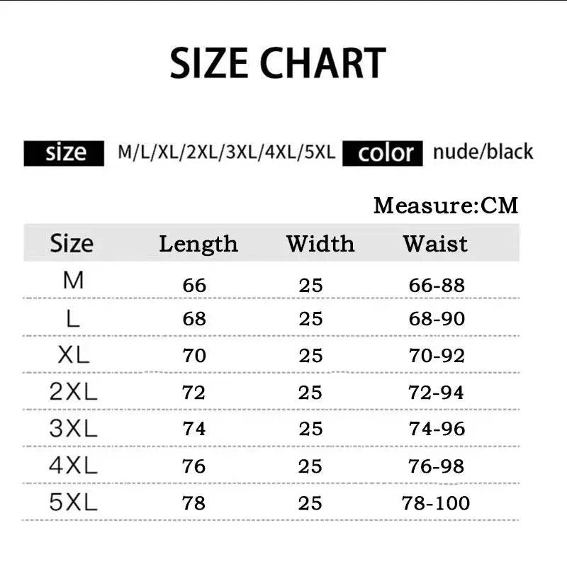 Simples Market men's waist trainer size chart showing M–5XL with lengths 66–78 cm, width 25 cm, waist 66–100 cm.