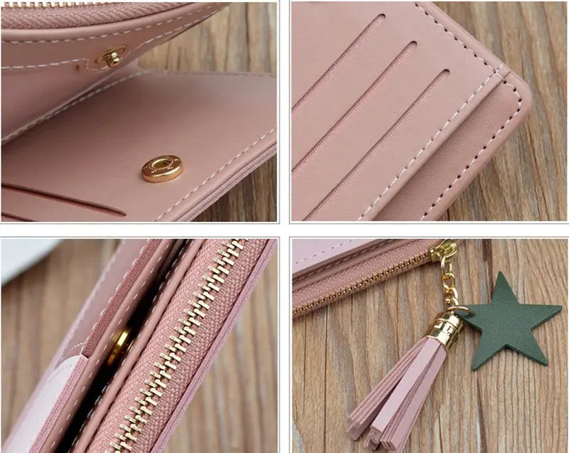 Simples Market pink PU leather wallet with card slots, zipper pocket, and star tassel charm