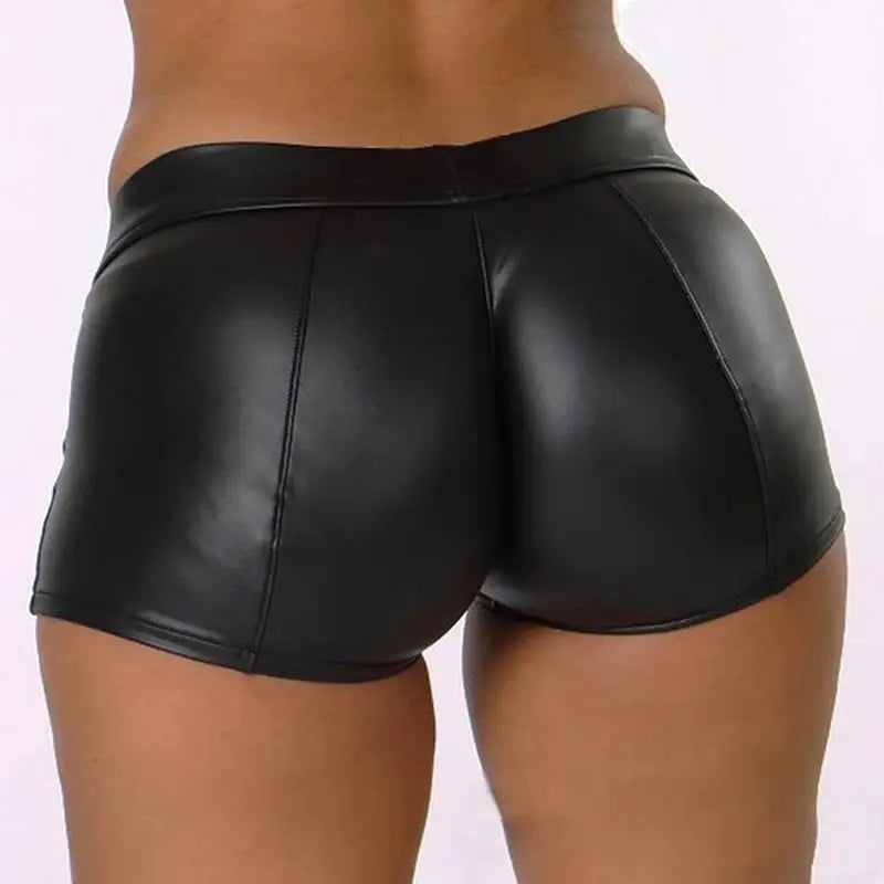 SirenLux Shiny Elastic High Waist Faux PU Leather Shorts For Dance Clubwear Sexy Mini Shorts