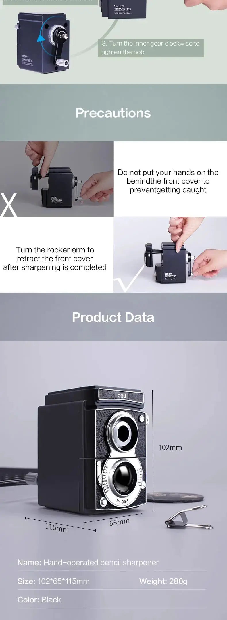 Deli hand-operated rotary pencil sharpener in black with silver dial, compact school tool