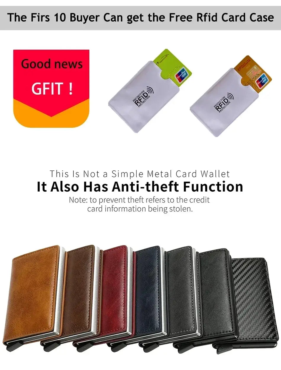 Anti-theft RFID card holder wallets in assorted leather-style colors; slim minimalist design