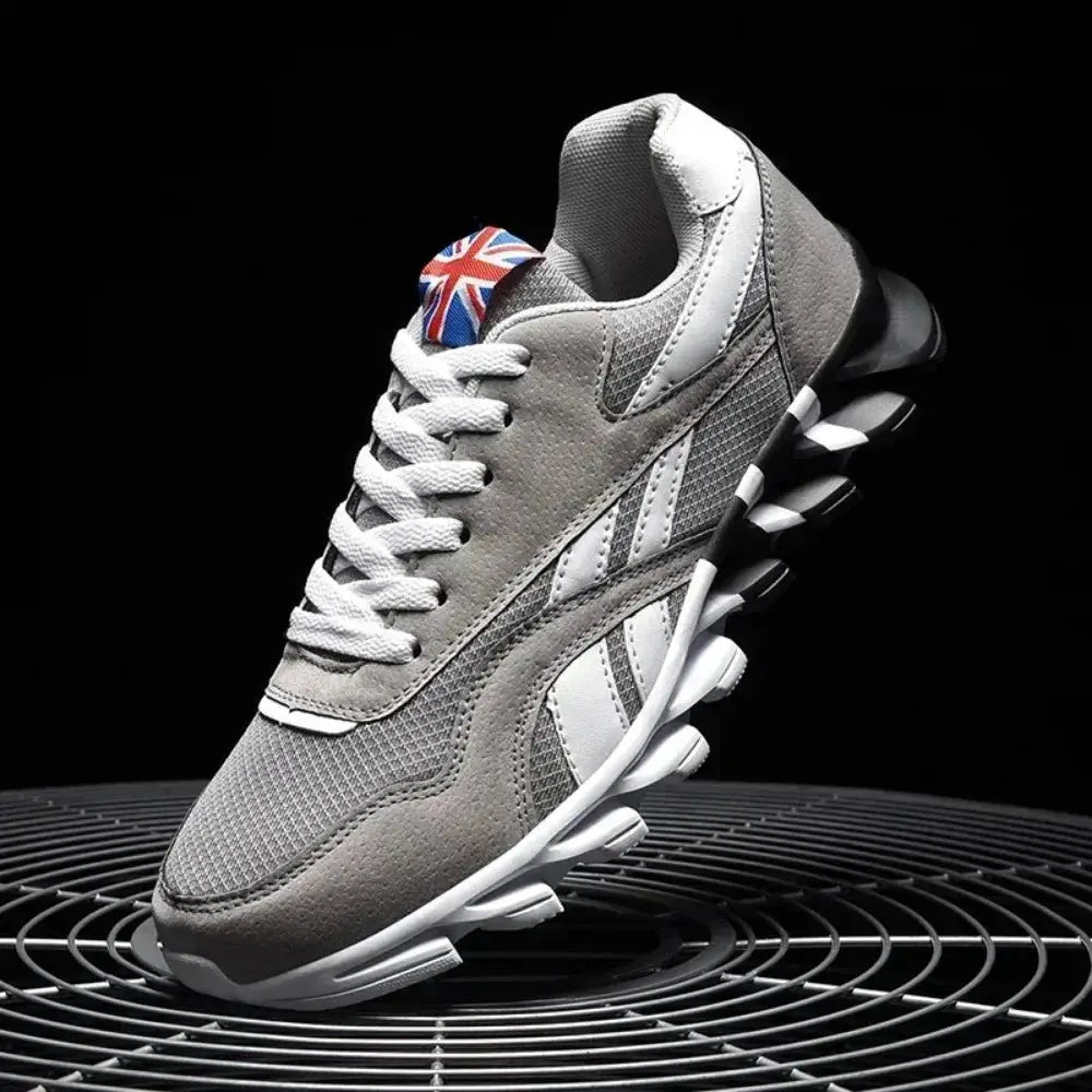 Men's running shoes, grey mesh upper with thick white sole