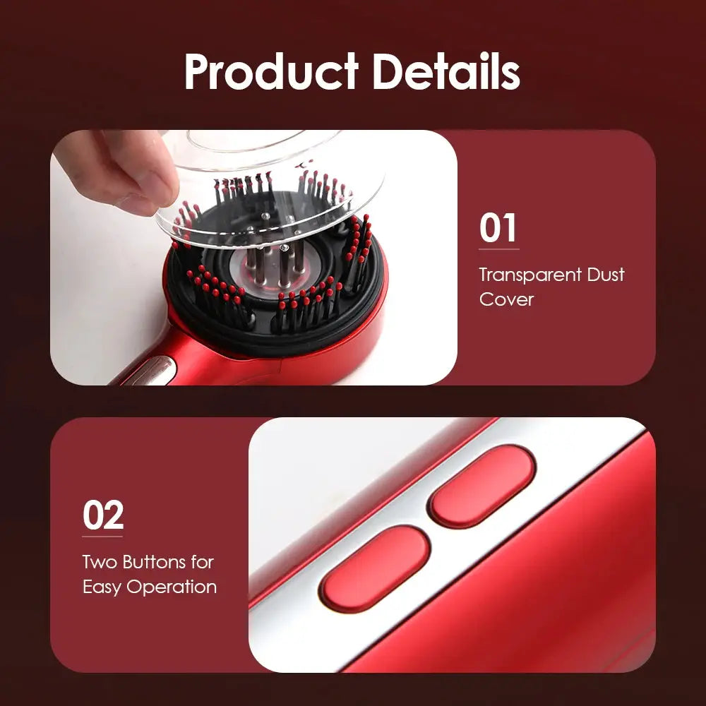 Red electric head massager with circular hairbrush head, clear dust cover, and dual operation buttons
