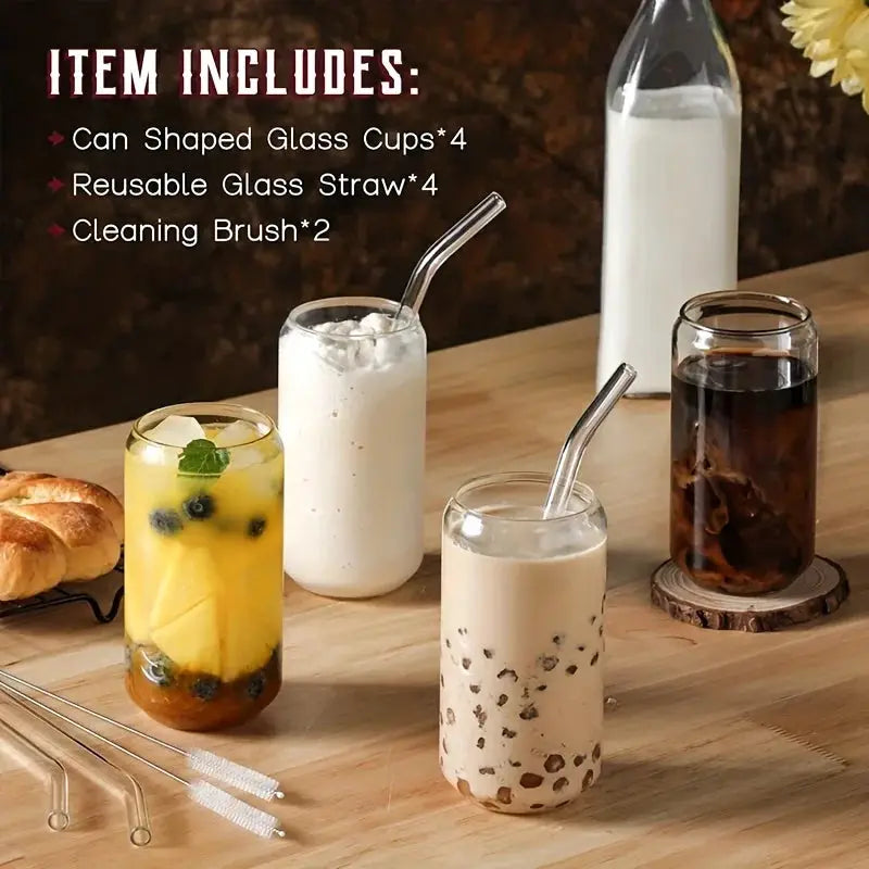 Can Shaped Drinking Glasses 4 Set With Glass Straws And Cleaning Brushes For Beer Iced Coffee Whiskey Soda Tea Water