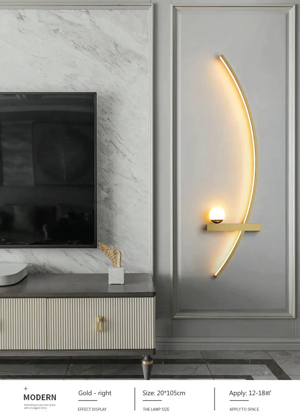LED wall lamp, modern black fixture with a gold curved arc and orb bulb, 105cm