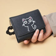 Cat-graphic black PU leather wallet, compact short-style purse with card slots from Simples Market