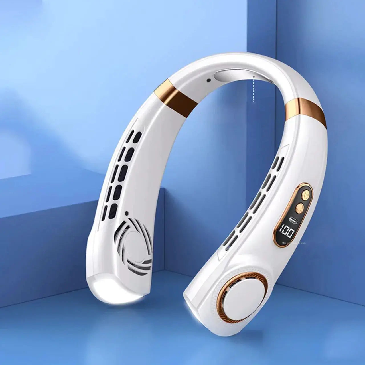 JKUOO Portable Neck Fan bladeless with LED display, white with rose-gold accents, USB rechargeable 4000mAh battery.