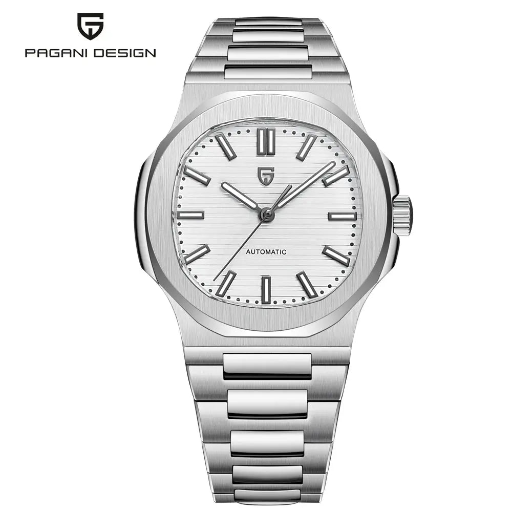 Pagani Design men's stainless steel automatic wristwatch with white dial and brushed silver bracelet
