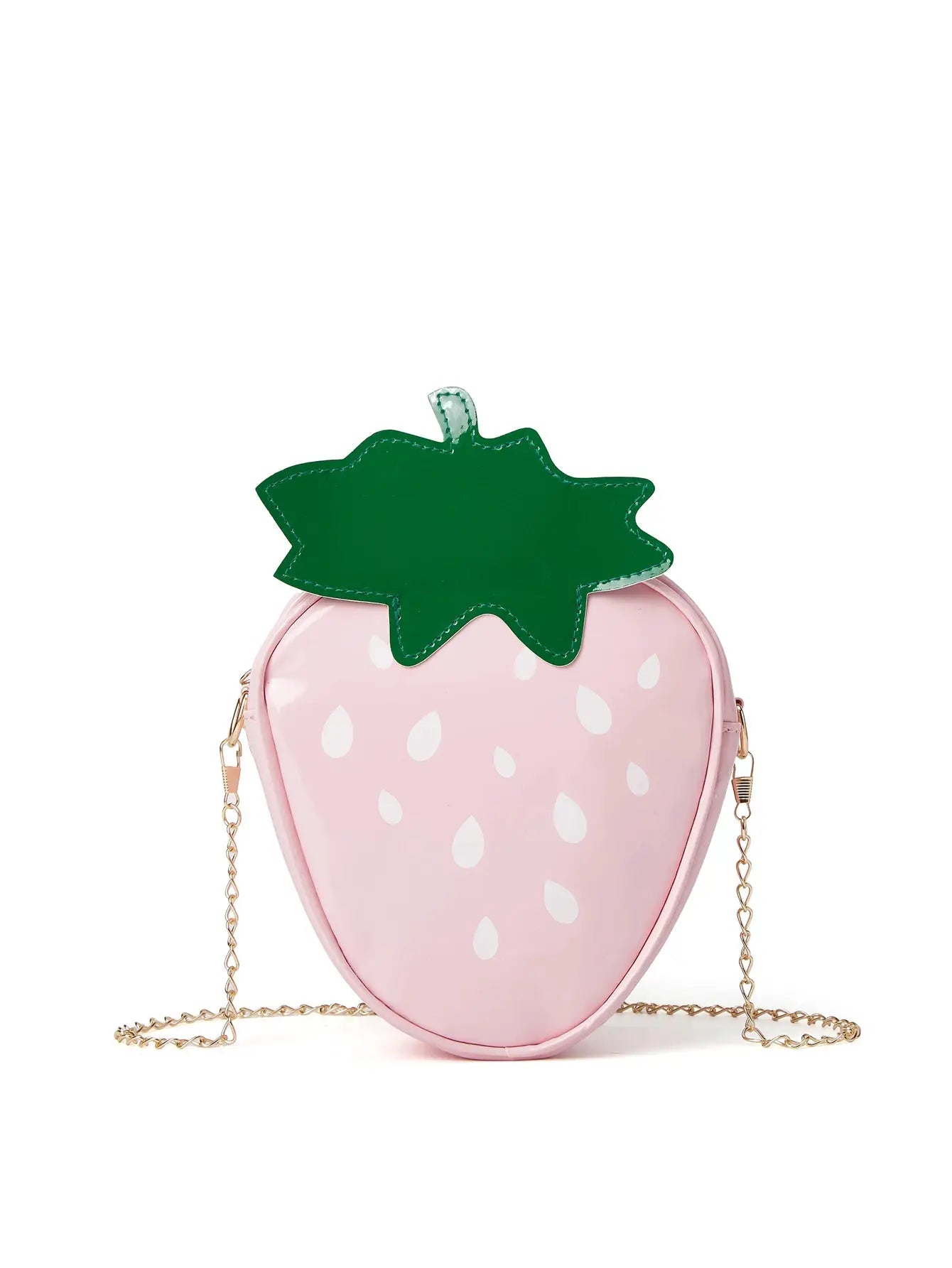 Strawberry-shaped pink crossbody bag with a green leaf and gold chain strap