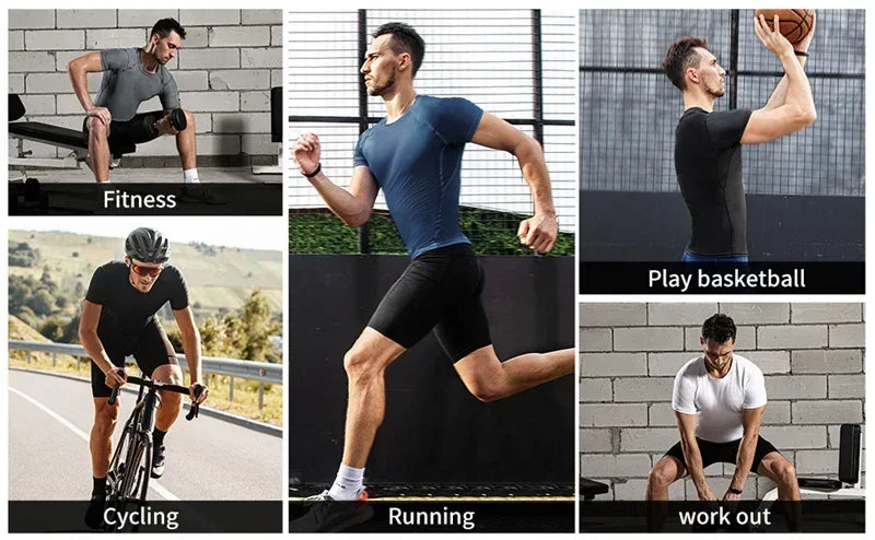 Simples Market men's short sleeve compression shirt, blue quick-dry gym top for running and workouts