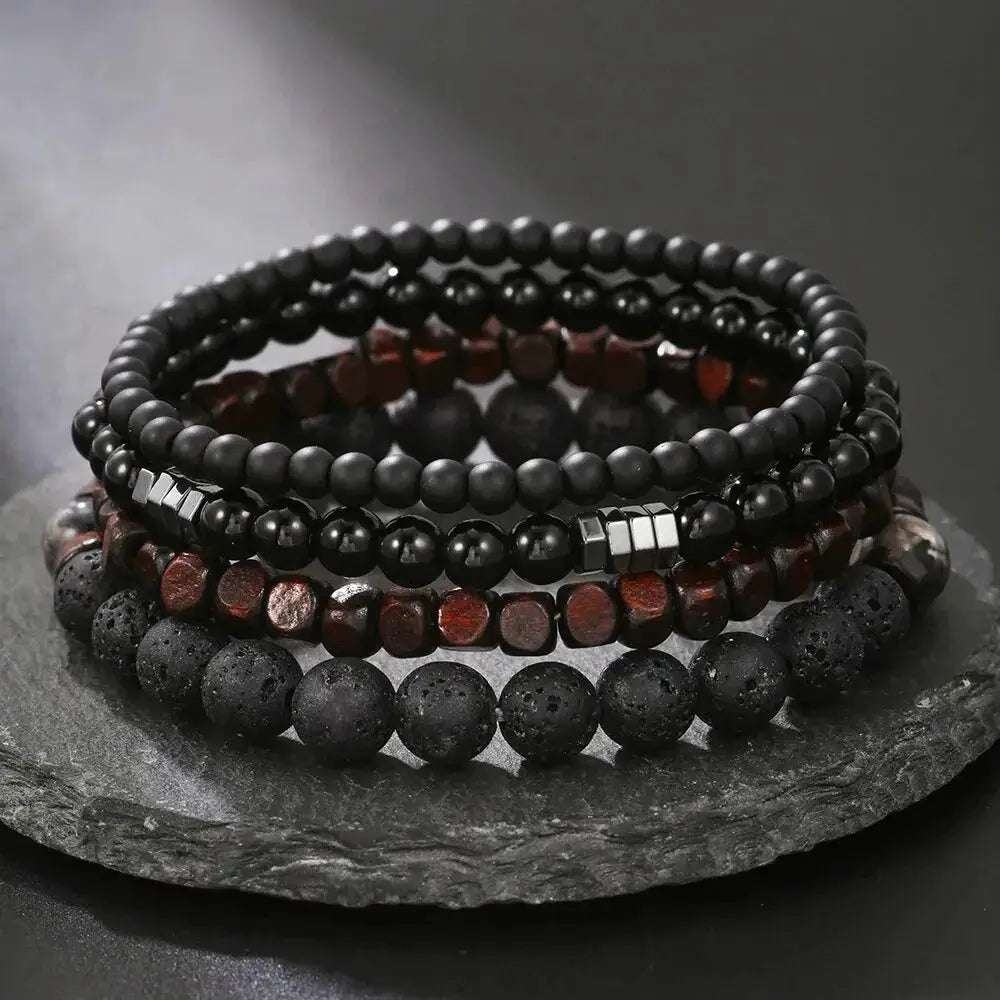 4 Piece Set Black Gall Stone Volcanic Stone And Wood Bead MultiLayer Elastic Bracelets For Men Couples Friends Jewelry