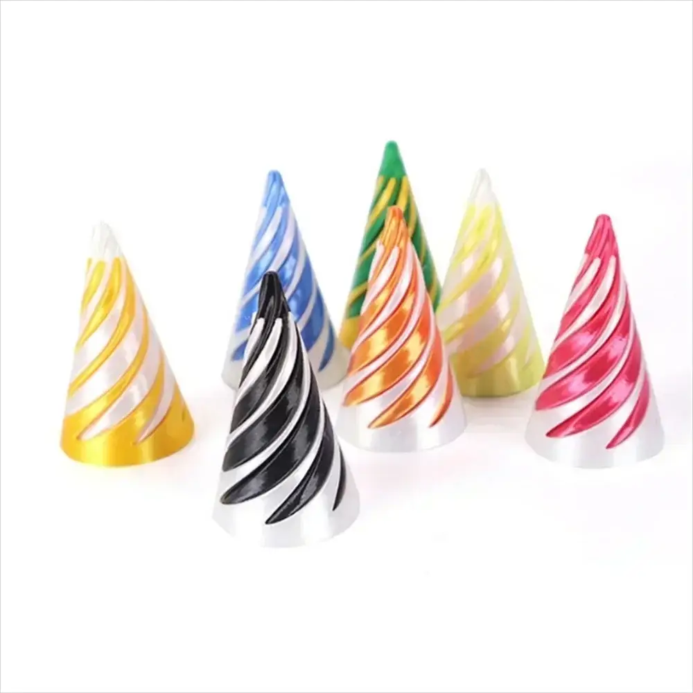 Seven 3D-printed helix screw rotating cone ornaments in assorted colors for home decor.