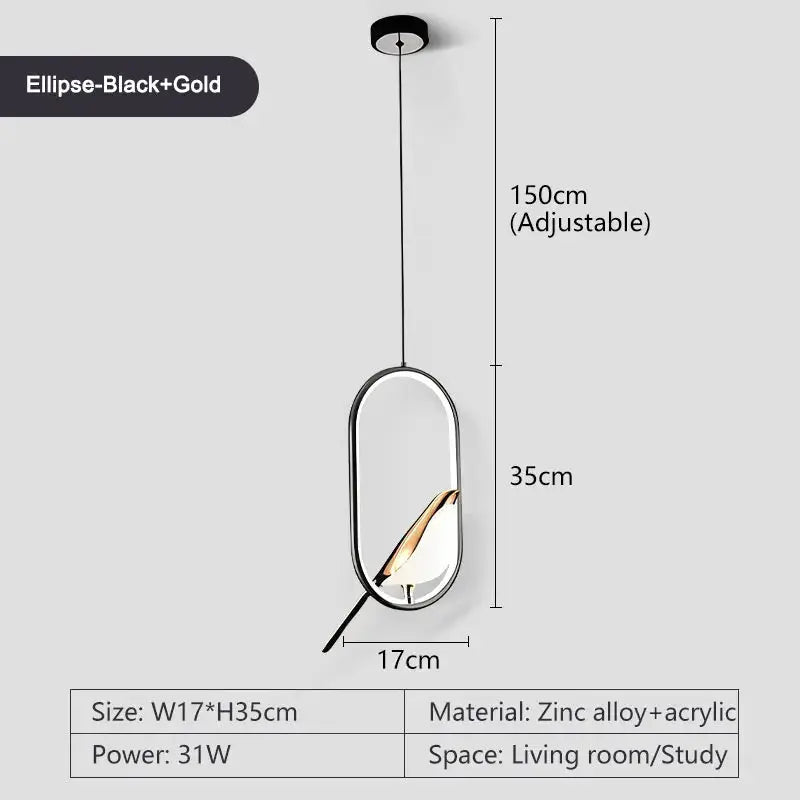 Rotatable Magpie Bird LED Pendant Light, black+gold ellipse frame, Simples Market