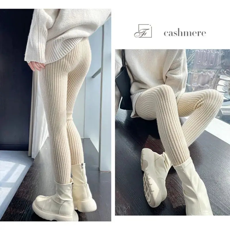 Slim leggings beige ribbed knit, high-waist, ankle-length, thermal fabric by Simples Market