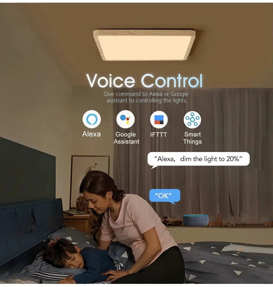 MARPOU Tuya smart LED square ceiling lamp with wood grain finish, voice control with Alexa/Google Assistant