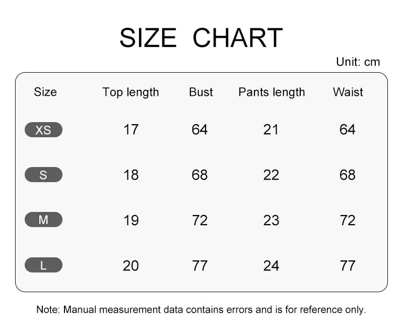 Swimwear size chart showing XS–L with top length, bust, pants length, and waist measurements in cm