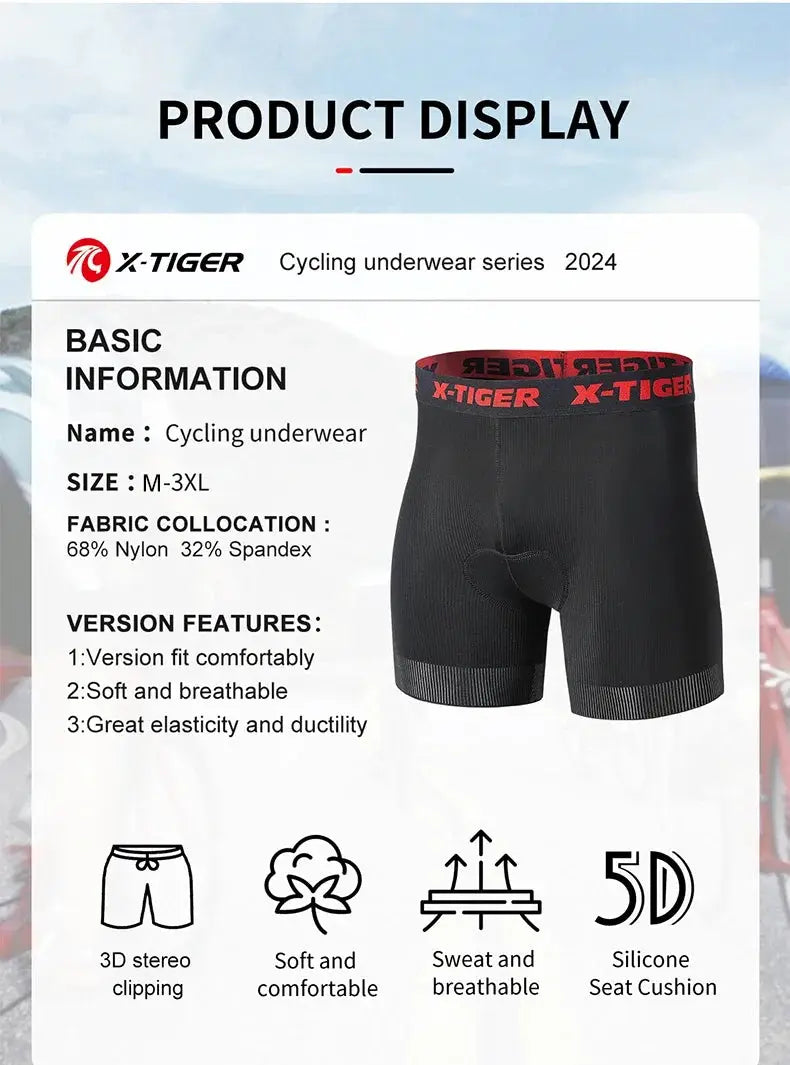 X-TIGER cycling underwear shorts, black with red waistband, 5D padded silicone seat cushion, breathable.
