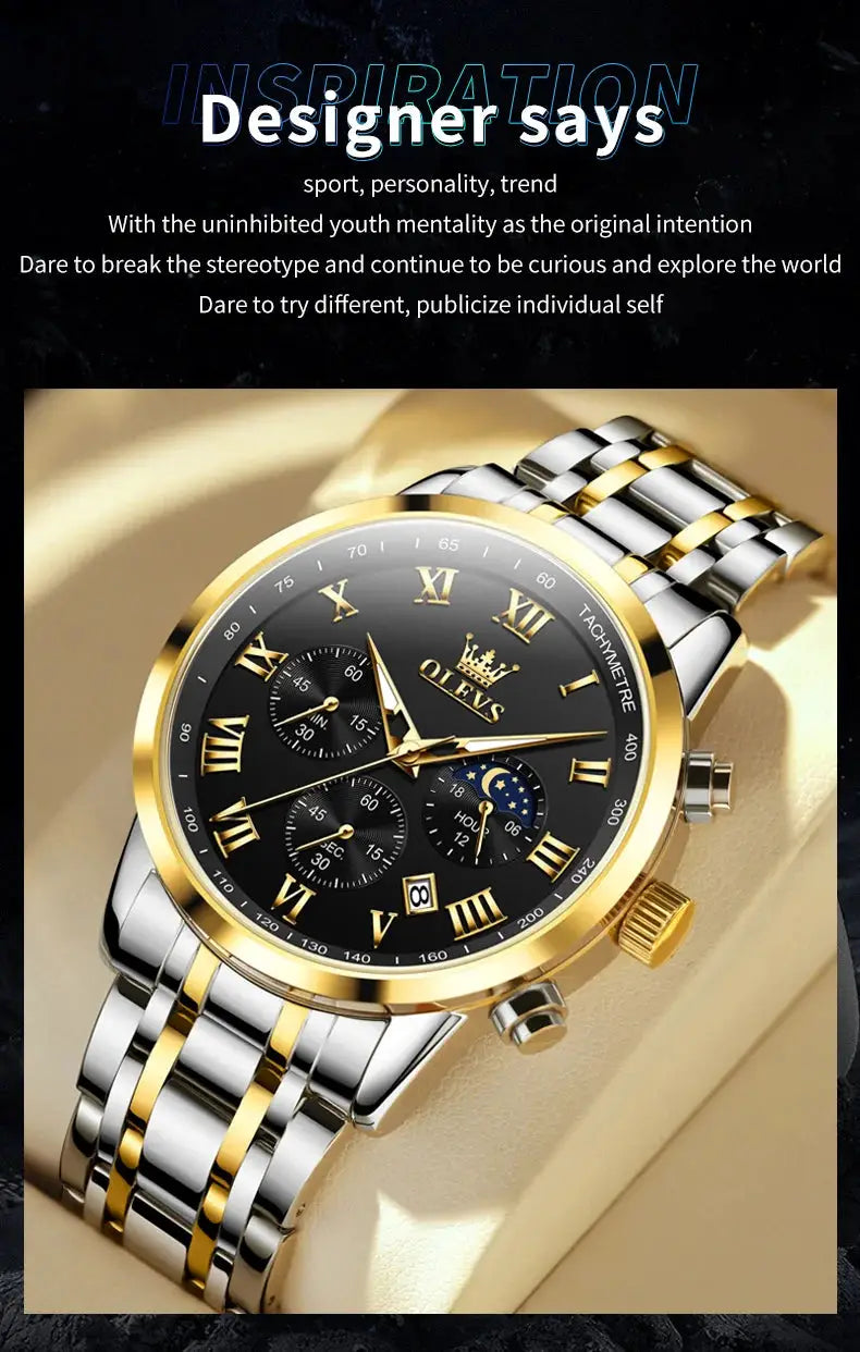 OLEVS 5529 men's luxury watch with two-tone stainless steel band, gold bezel, black dial and moon phase.