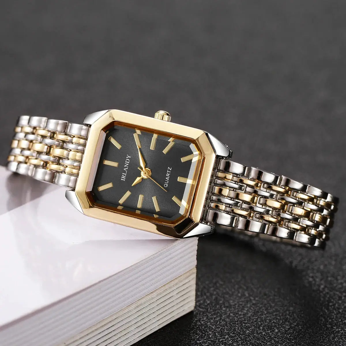 IRLANDY rectangle women's quartz watch with two-tone stainless steel strap, black dial