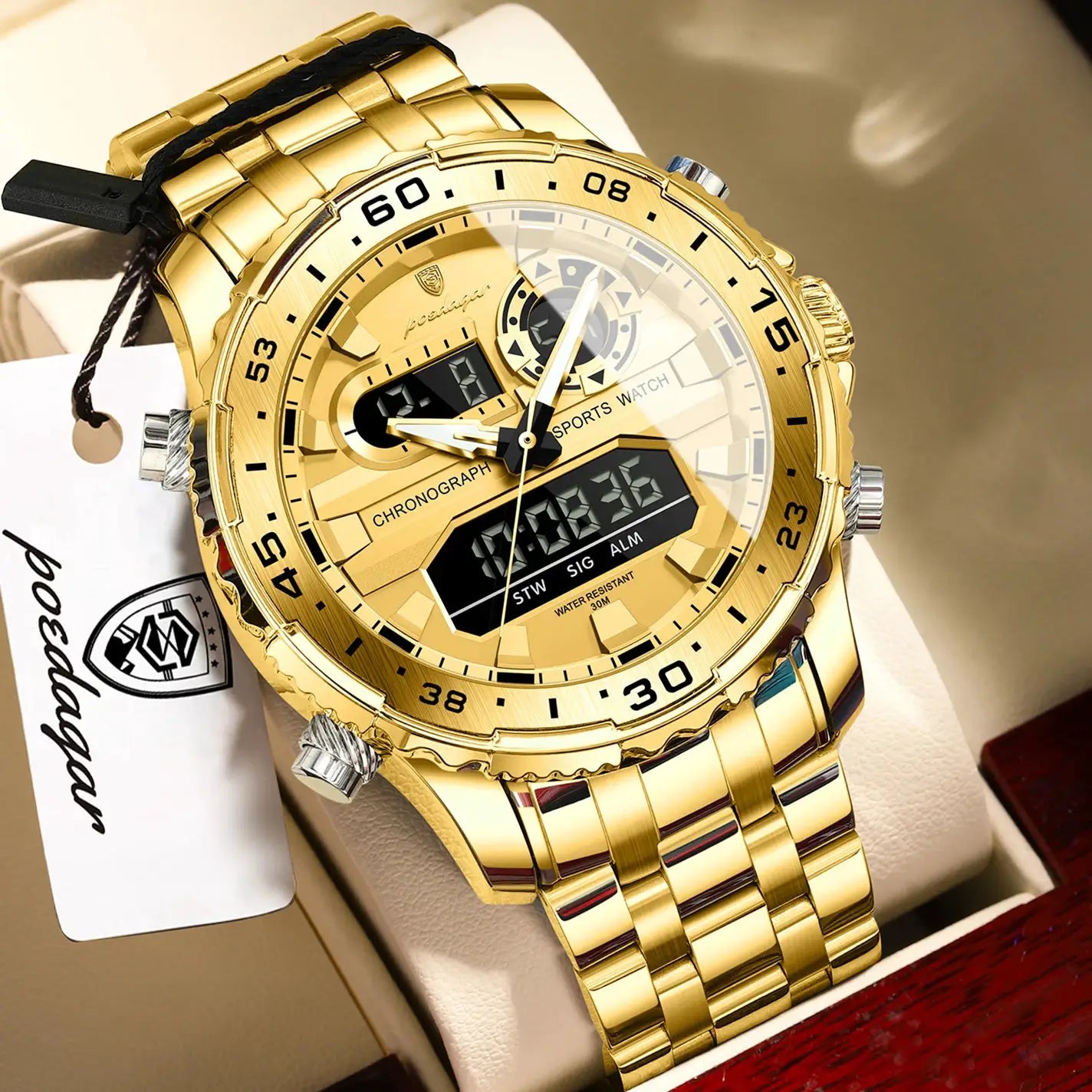 POEDAGAR gold-tone men's wristwatch with LED display and dual time, Simples Market