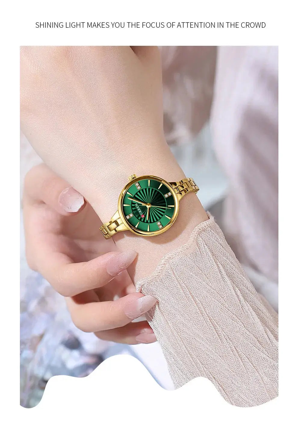 CURREN 9097 women's quartz watch with gold-tone stainless steel bracelet and green dial with crystal markers