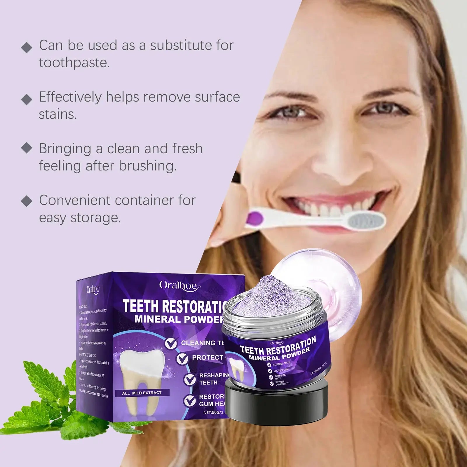 Teeth whitening purple powder set with two Oralhoe packaging boxes and jar, mint leaves