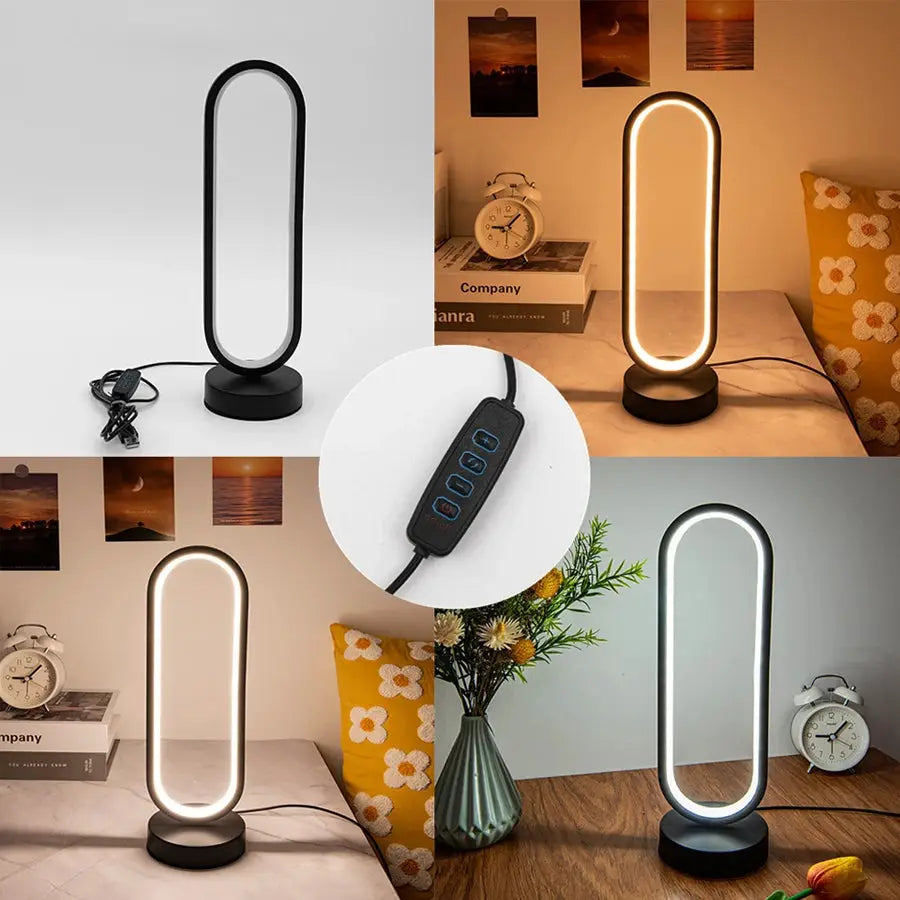 Bedroom ring LED night lamp by Simples Market, three-color dimmable ambient light; four variants shown on black base.
