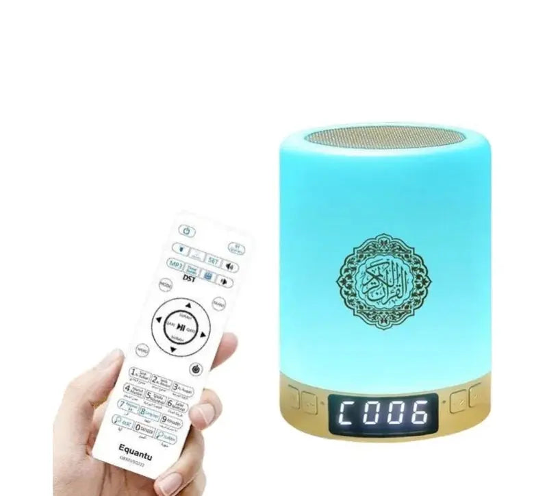 Simples Market portable sound machine with blue LED night light and gold base, Bluetooth speaker, remote (2-piece set)