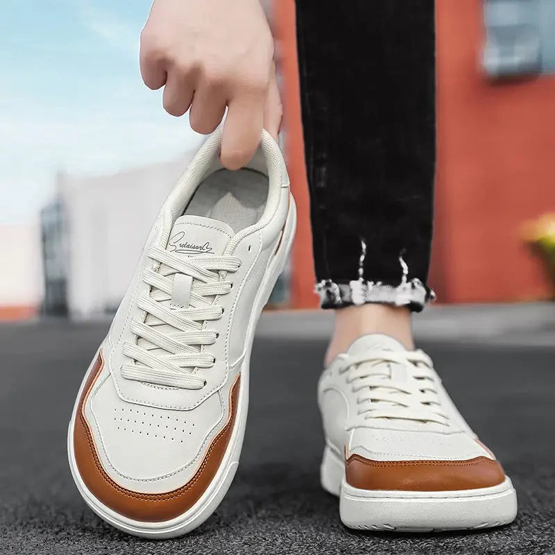 Men's casual sneakers by Simples Market, white with brown leather toe cap, breathable luxury trainer