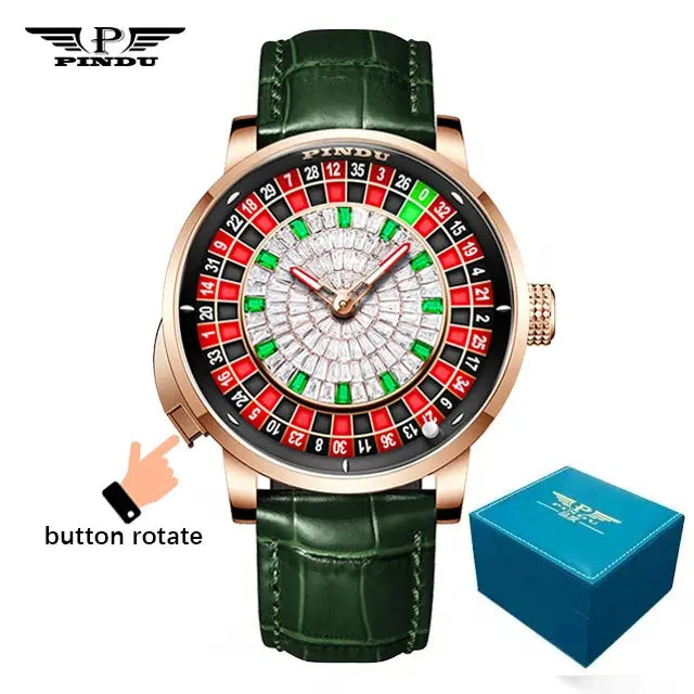 PINDU men's mechanical watch with roulette diamond dial, rose-gold case and green leather strap; blue box included