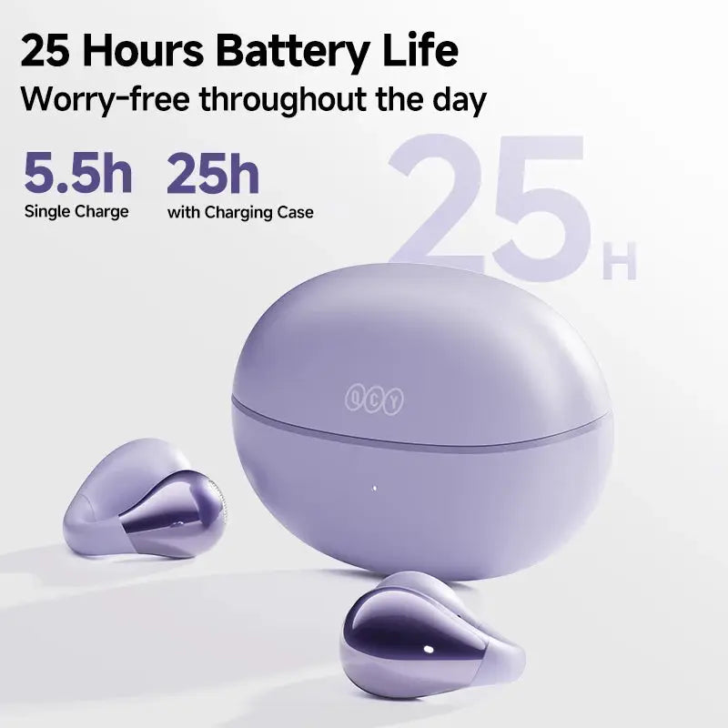 QCY Crossky C30 open-ear wireless earphones with lavender charging case (2 earbuds shown)
