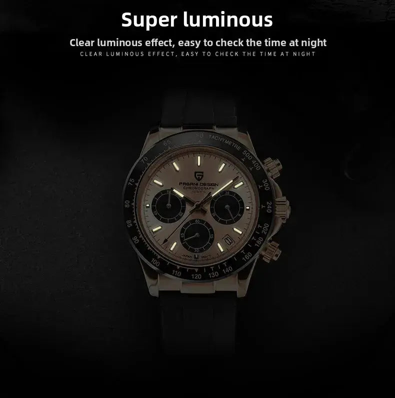 Pagani Design 40mm V2 chronograph watch with black strap, stainless steel case, tachymeter bezel