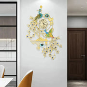 Peacock wall clock with gold and blue rhinestone accents, intricate resin and iron art design, 80x120cm