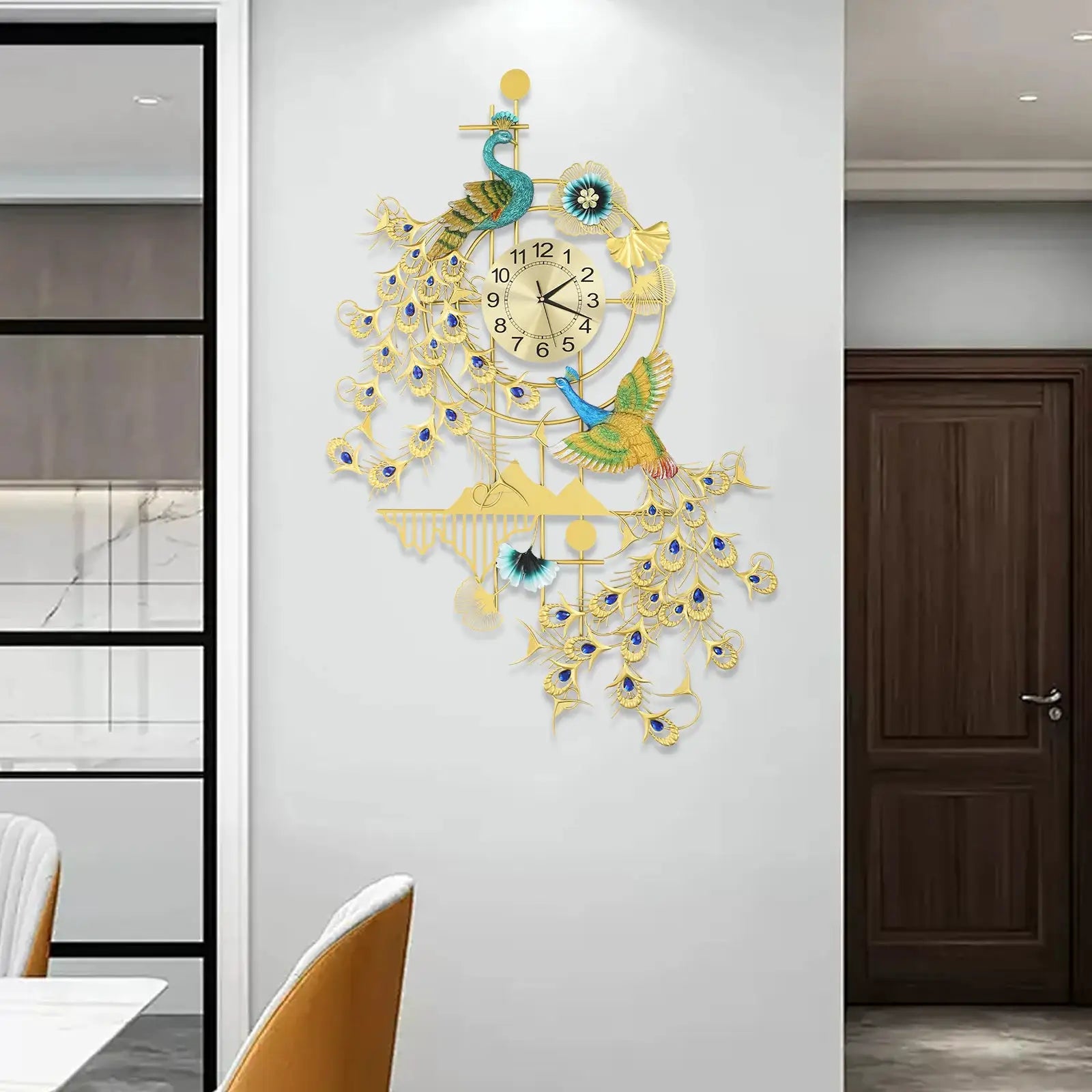 Peacock wall clock with gold and blue rhinestone accents, intricate resin and iron art design, 80x120cm