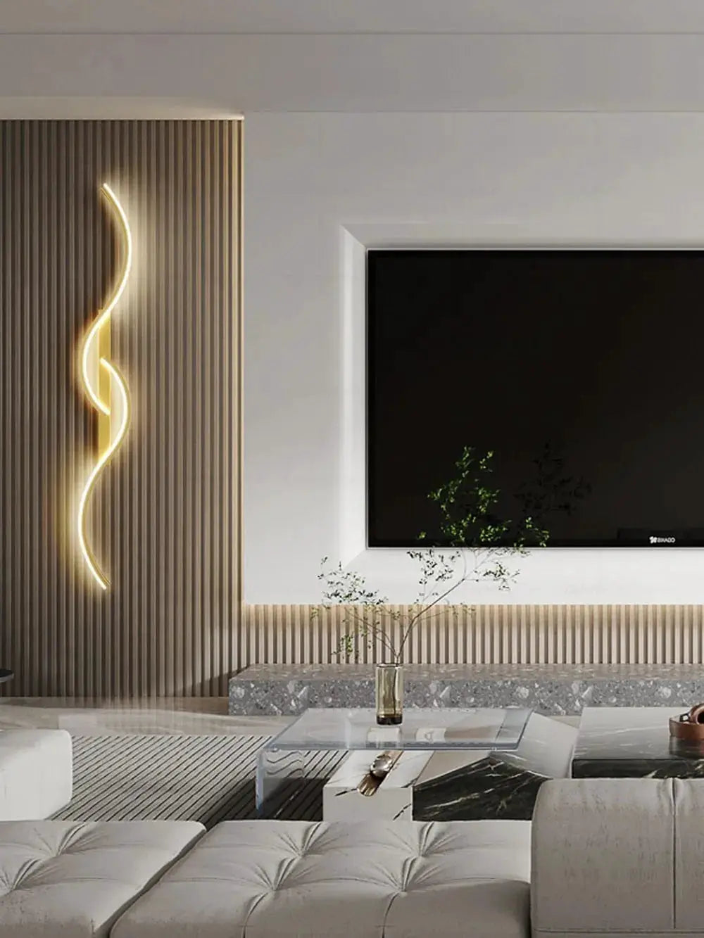 Modern LED wall lamp; long minimalist strip sconce with warm glow on a wall panel in the living room.
