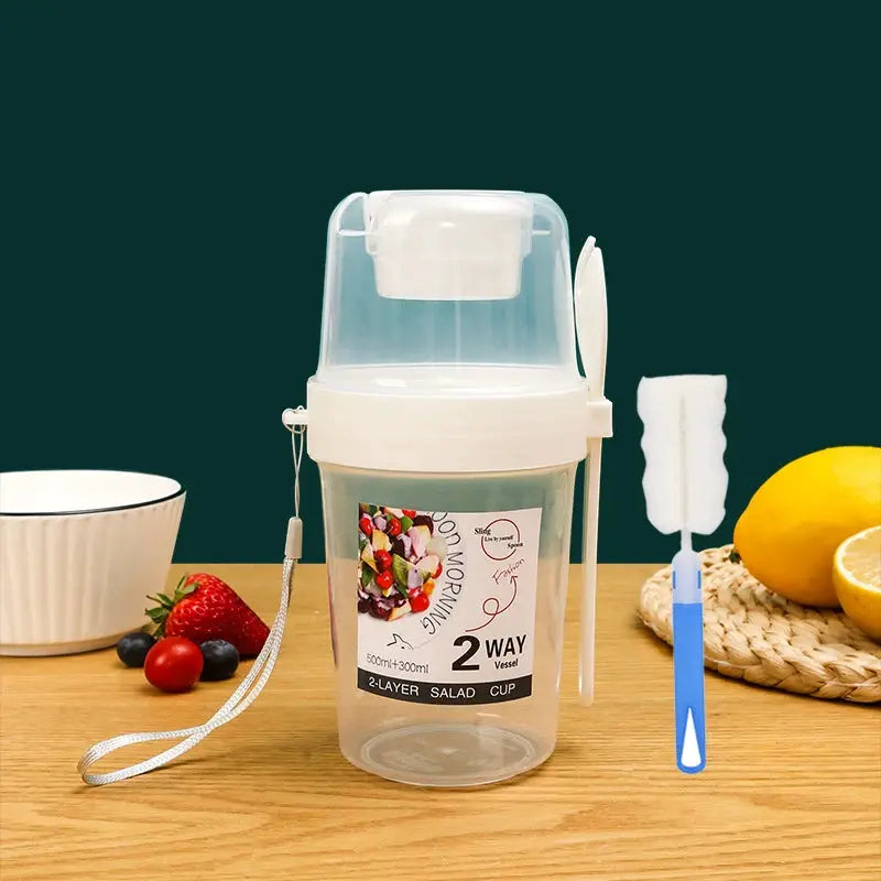 Three Compartment Meal Prep Container With Forks Leakproof Portable For Breakfast Salad Parfait Dressing Jar
