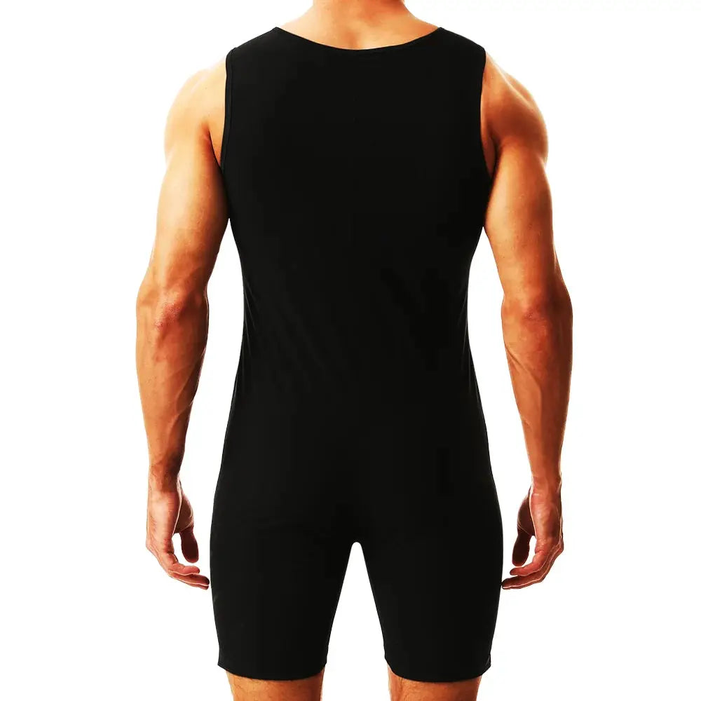 Men's black sleeveless sauna jumpsuit body shaper for gym workouts