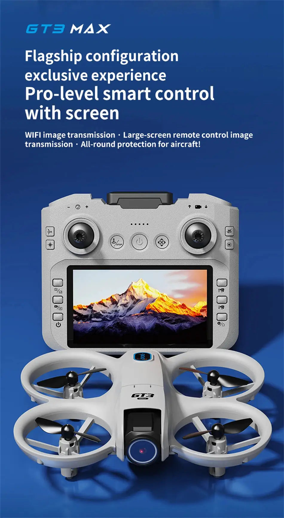 GT3 MAX drone Simples Market, white quadcopter with circular propeller guards and screen remote controller.