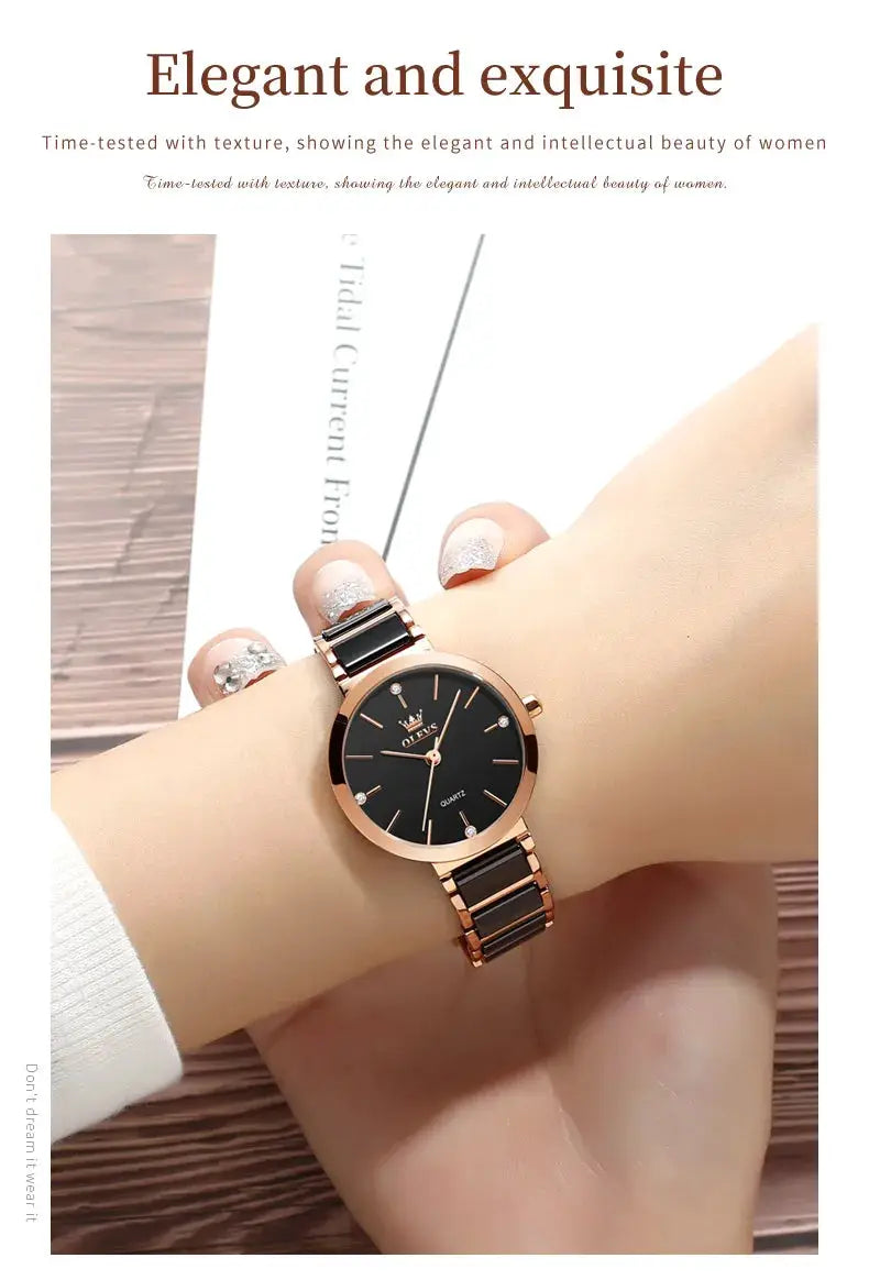 OLEVS women's watch with rose gold case and ceramic strap