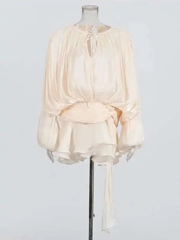 Twotwinstyle Solid Blouse Mini Dress For Women V Neck Long Sleeve Lace