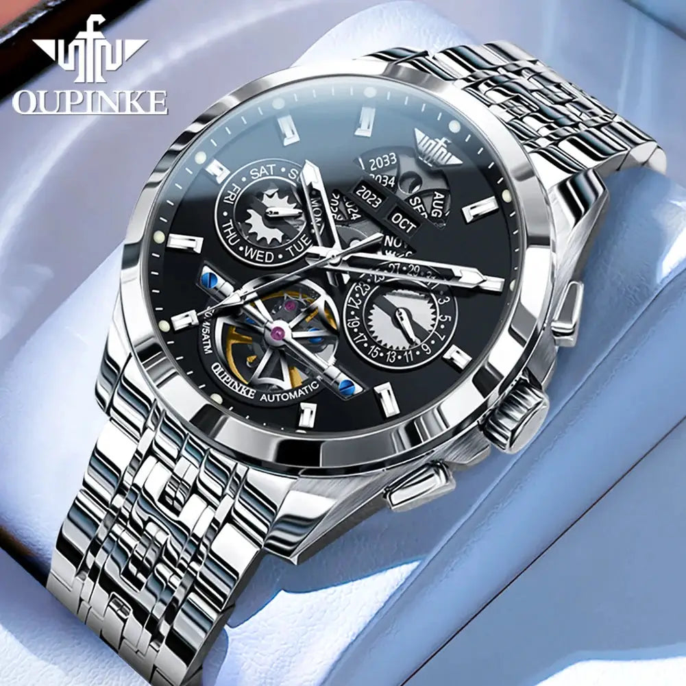 OUPINKE men's skeleton automatic watch with stainless steel bracelet and black dial