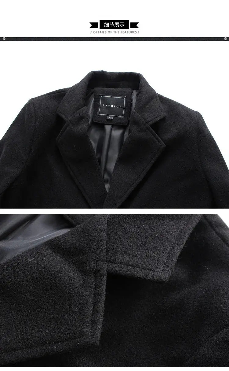 Men's black wool overcoat with notch lapel, single-breasted mid-length outerwear