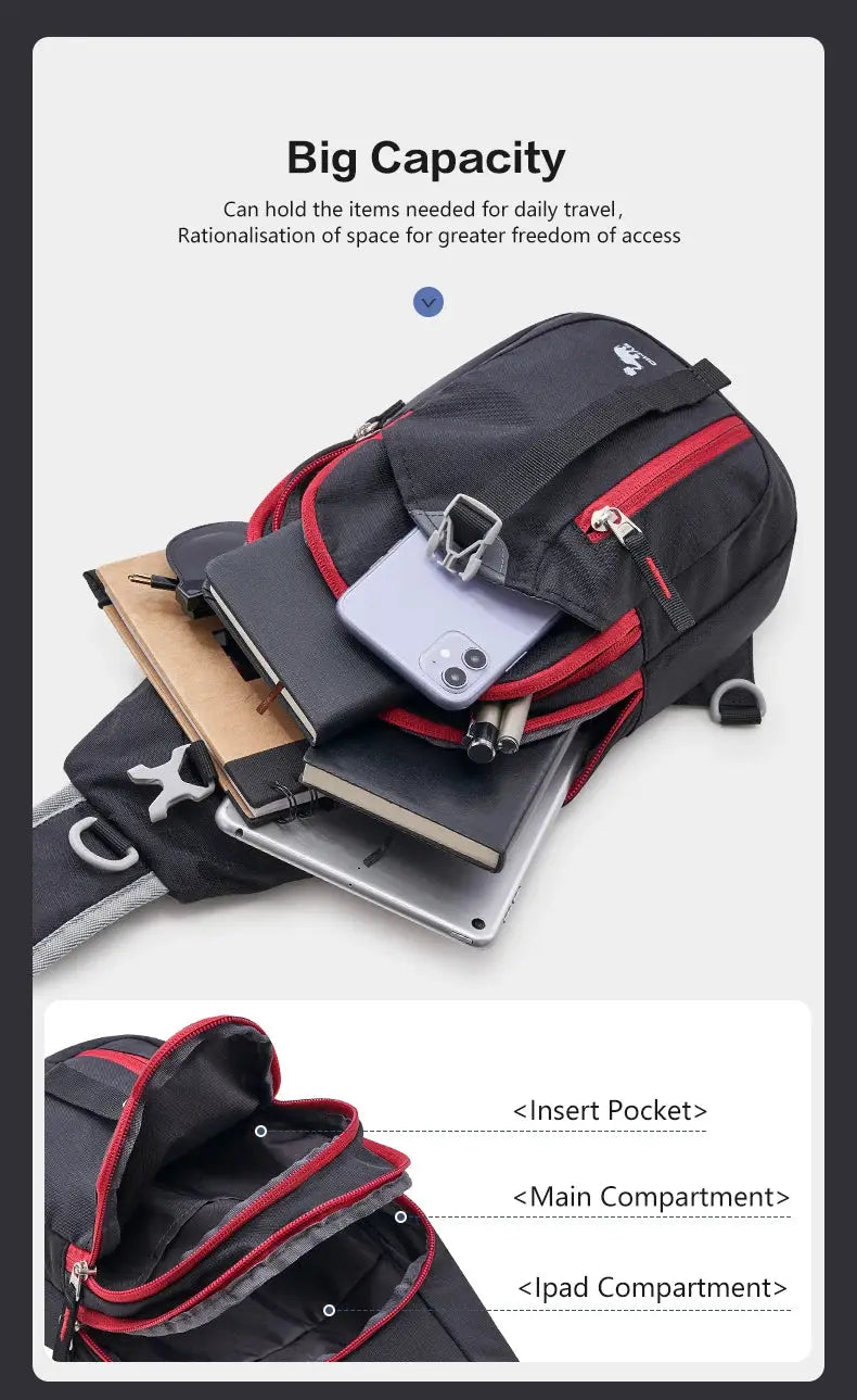 OIWAS casual crossbody bag with single strap, black with red zippers, lightweight travel daypack