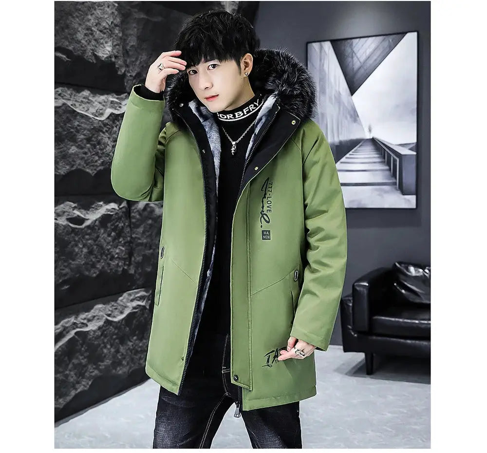 Men's olive green long down jacket with fur-lined hood and padded interior