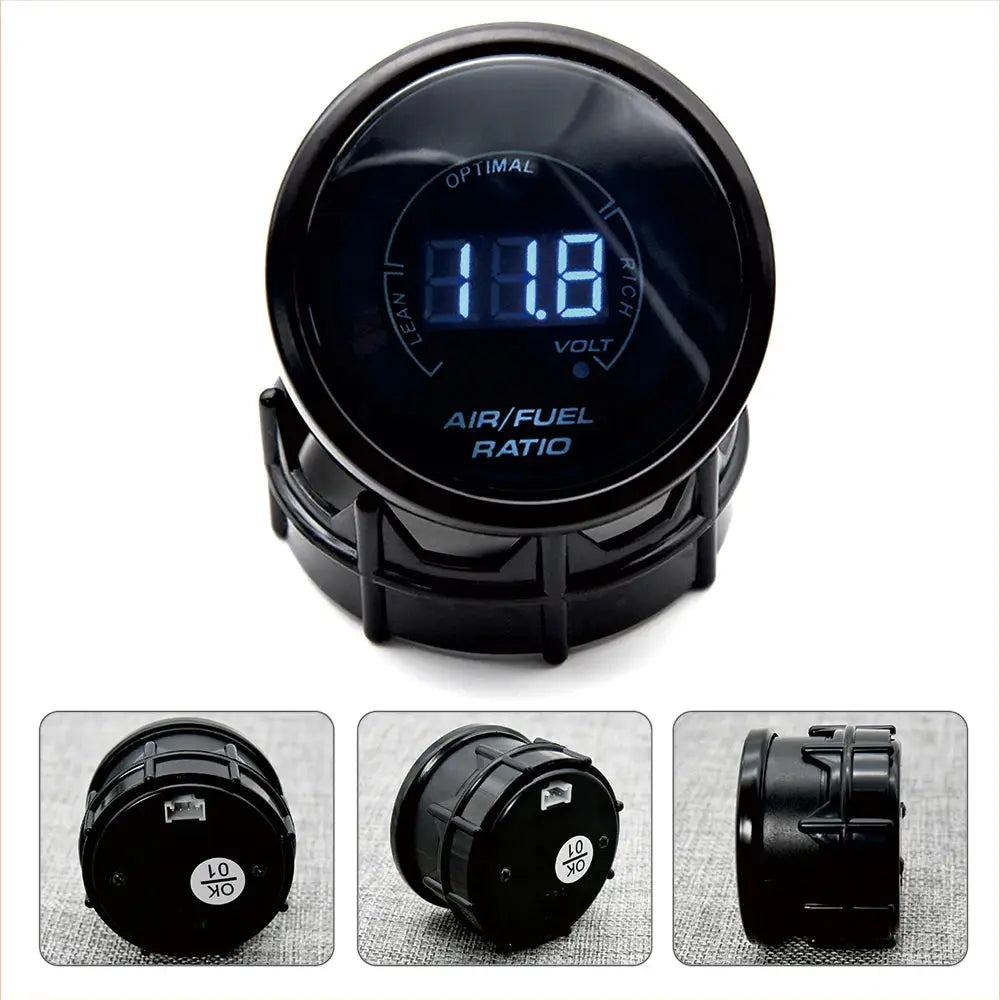 Air-fuel ratio gauge with voltmeter, 2''/52mm, black housing, blue LED display by Simples Market for 12V vehicles