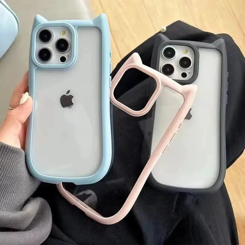 PurrTech Soft Silicone Cat Ear Case for iPhone 11 to 17 Pro Max Transparent Shockproof Back Cover